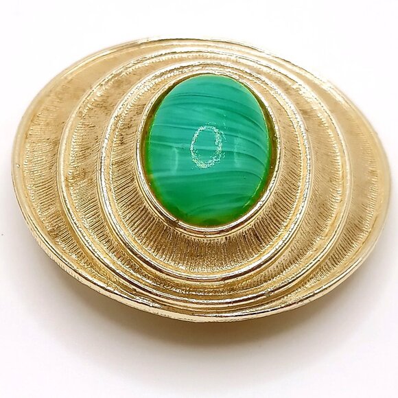 Vintage Sarah Coventry Brooch Pendant Malachite Gold Tone Green Striped Stone - Picture 4 of 12